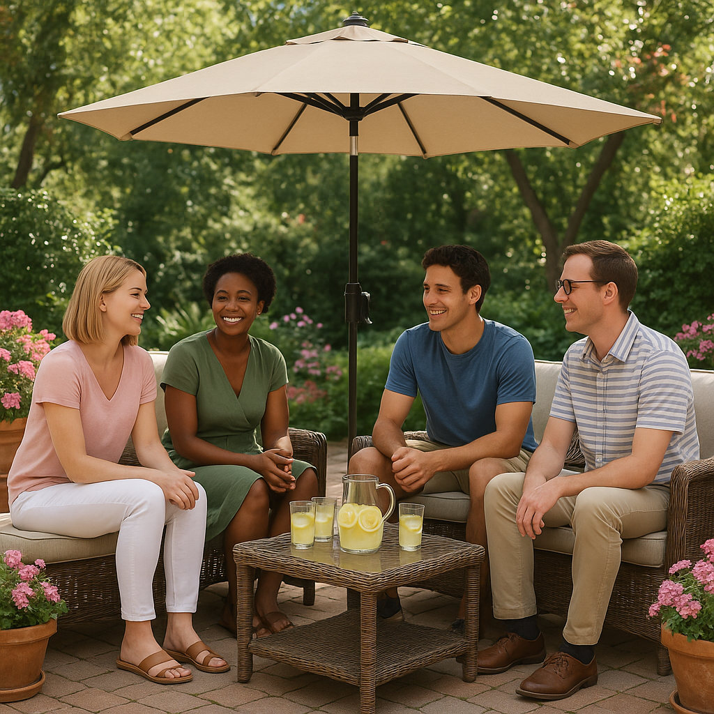Premium 93" Tan Polyester Octagonal Tilt Market Patio Umbrella with Rib Replacement Technology
