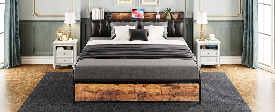 LIKIMIO California King Size Bed Frame, Storage Headboard with Charging Station, Platform Bed with Drawers, No Box Spring Needed