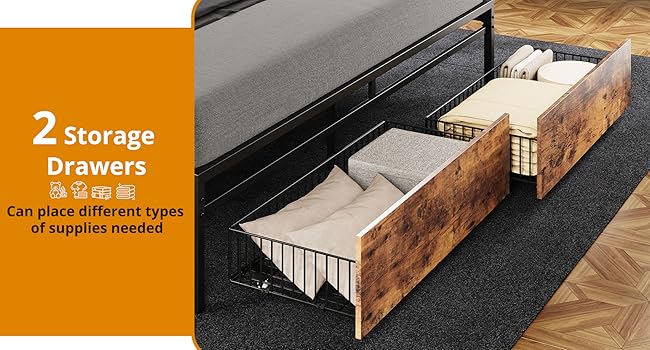 LIKIMIO California King Size Bed Frame, Storage Headboard with Charging Station, Platform Bed with Drawers, No Box Spring Needed