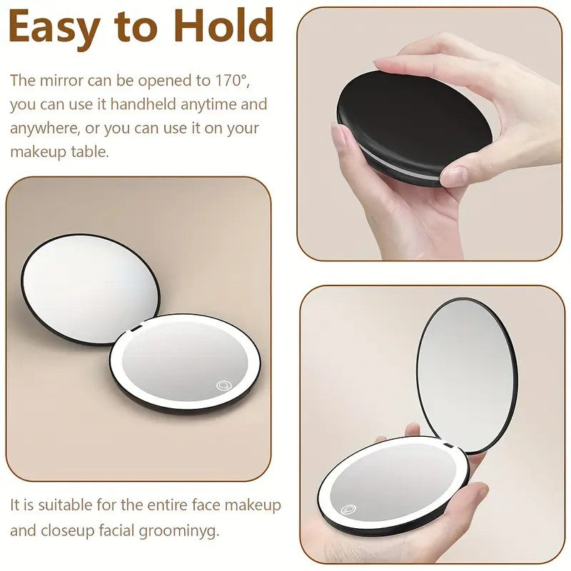 LED Travel Makeup Mirror with 2X/5X Magnification, Portable Lighted Compact Mirror, Double-Sided Folding Design with Enlarged Si
