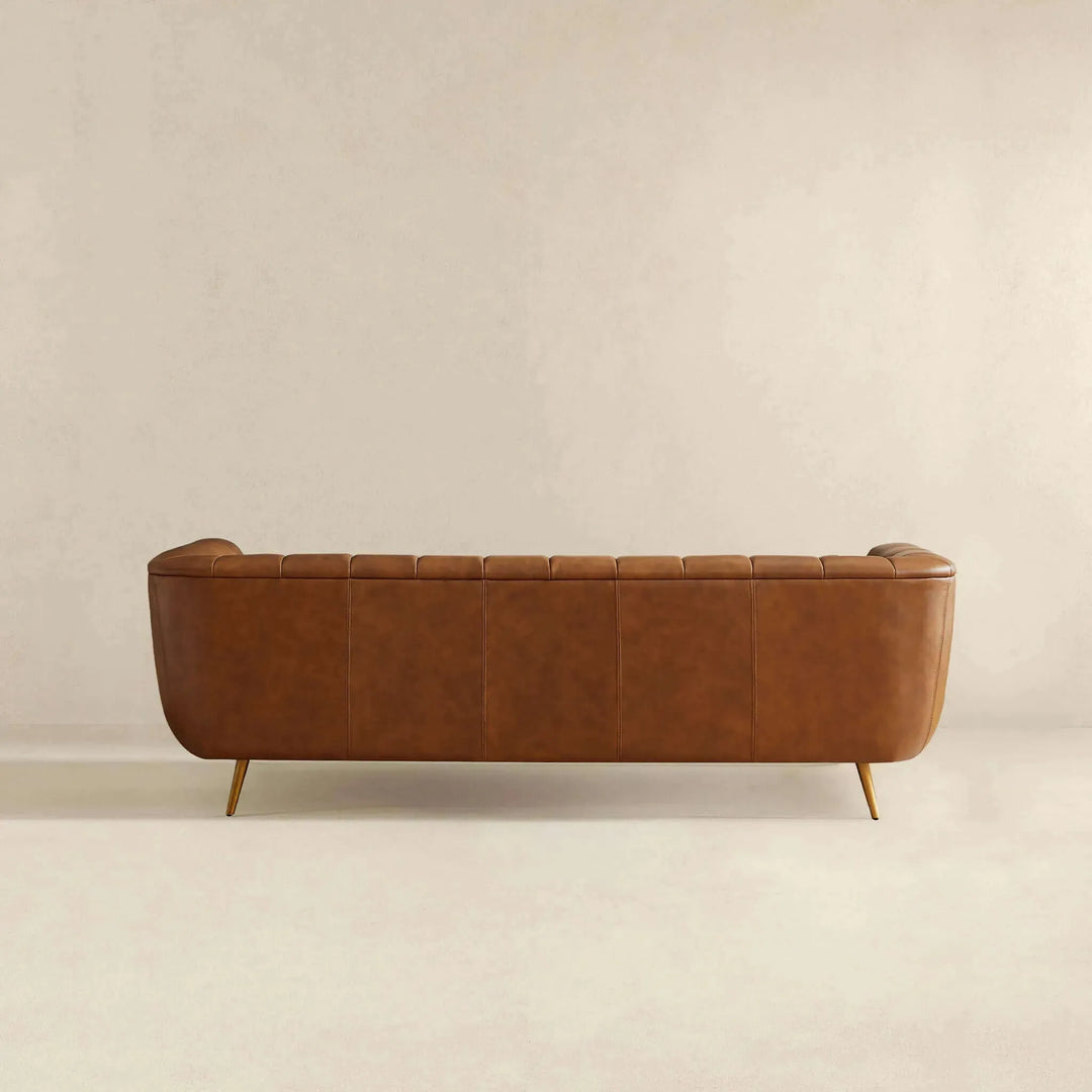 Ava Genuine Italian Tan Leather Channel Tufted Sofa