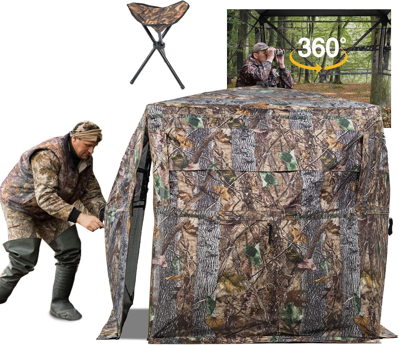 VEVOR Hunting Blind See Through Ground Blinds with Carrying Bag, 360 Degree Portable Camouflage Tent Durable Concealed Shelter with Silent Side Door and Window, for Turkey and Deer - 2-3 person 360 deg +chair