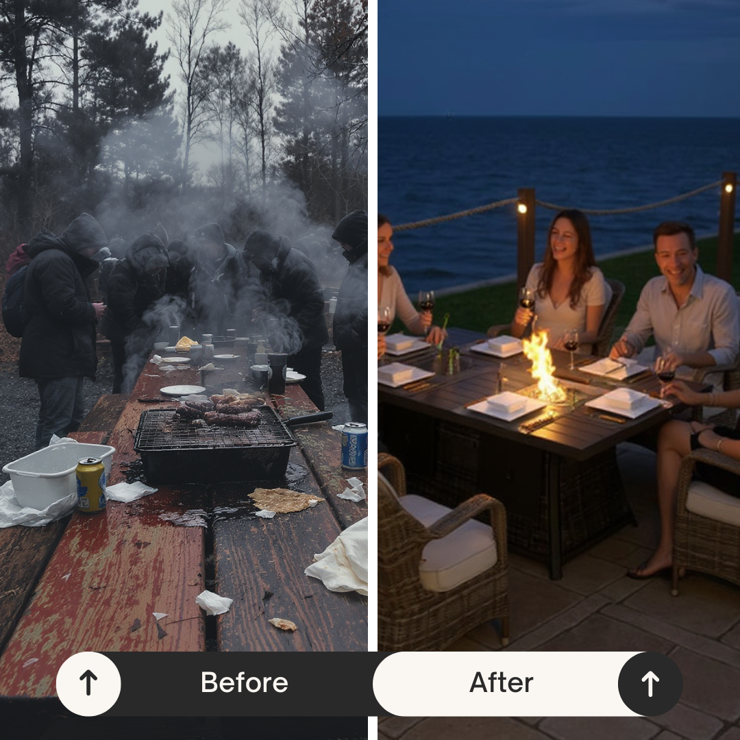 Seaside Wicker Firepit Dining Set – Built-In Ice Bucket & 50 000 BTU Gas Table | Patio Furniture | Trufairs