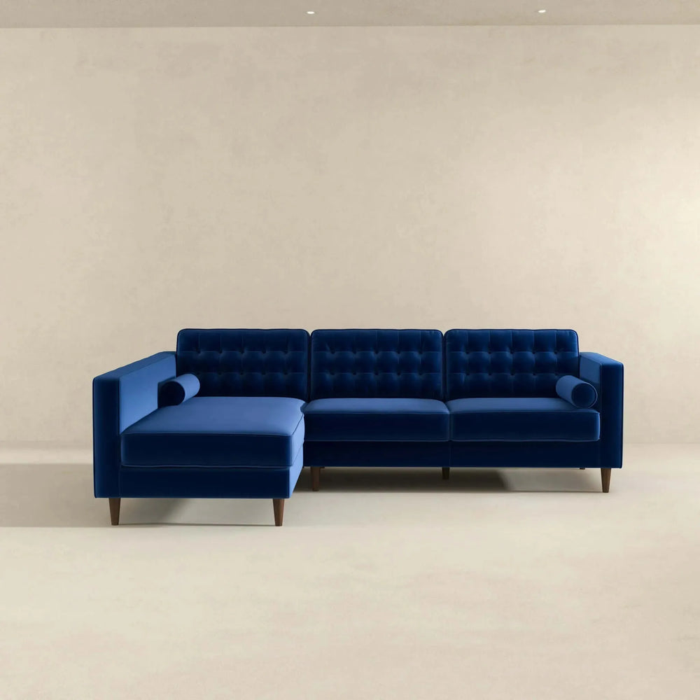 Christian Blue Velvet Sectional Sofa Left Facing