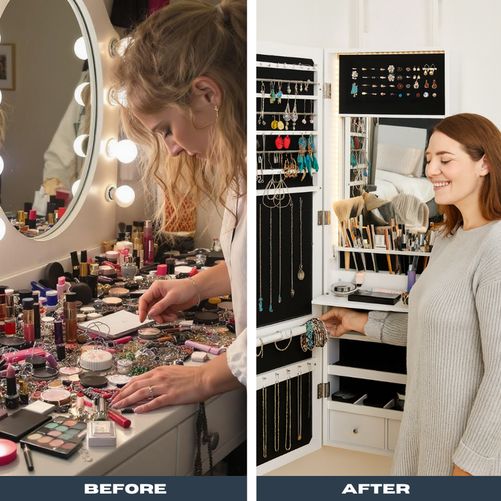 Wall-Mounted LED Jewelry Storage Cabinet – 3 Shelves, Drawers & Brush Holders | Lighted Makeup Organizer | Trufairs