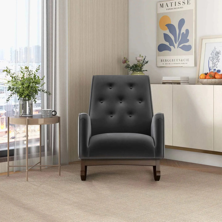 Demetrius Dark Grey Fabric Solid Wood Rocking Chair