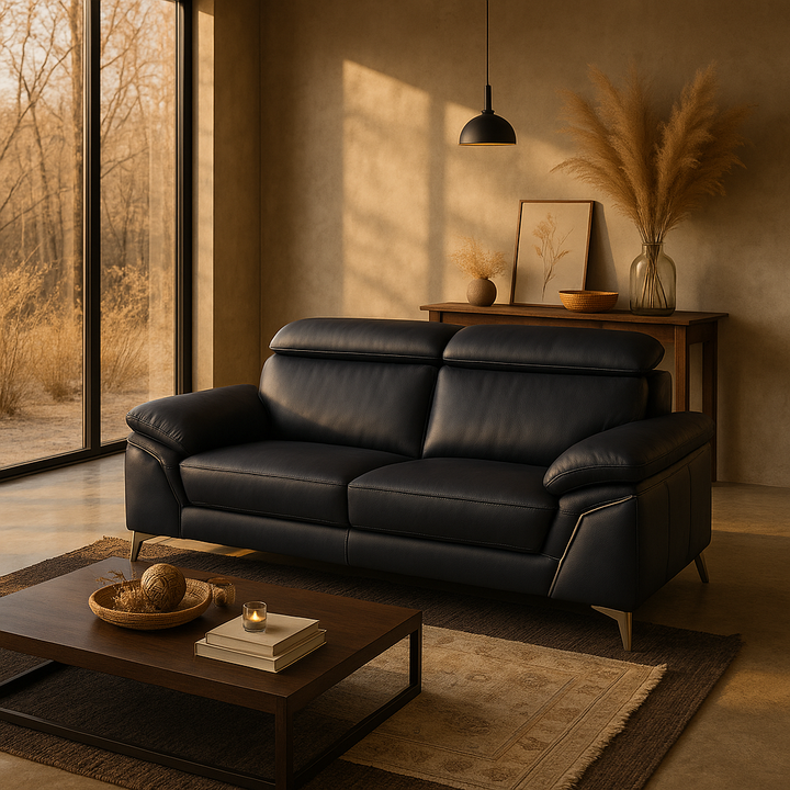 Navy Blue Italian Leather Sofa and Loveseat Set with Coil Spring Construction
