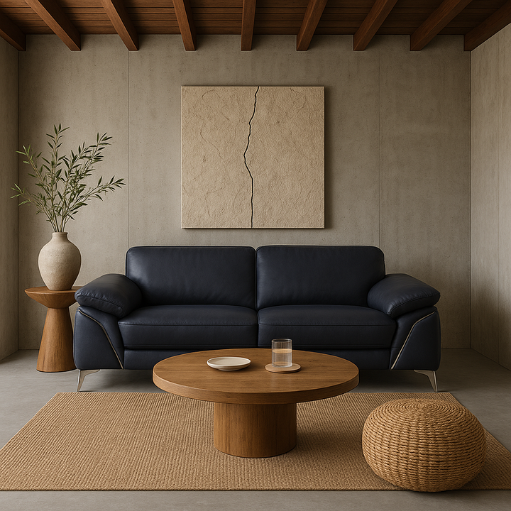 Navy Blue Italian Leather Sofa and Loveseat Set with Coil Spring Construction