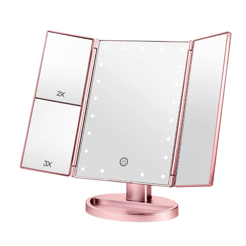 Touch Screen Trifold 22 LED Lighted Vanity Makeup Mirror with 1x/2x/3x Magnification USB Charging 180 Degree Adjustable Stand