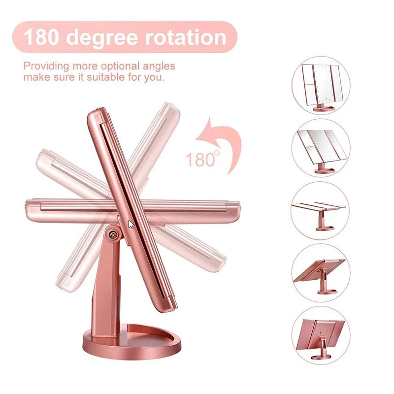 Touch Screen Trifold 22 LED Lighted Vanity Makeup Mirror with 1x/2x/3x Magnification USB Charging 180 Degree Adjustable Stand