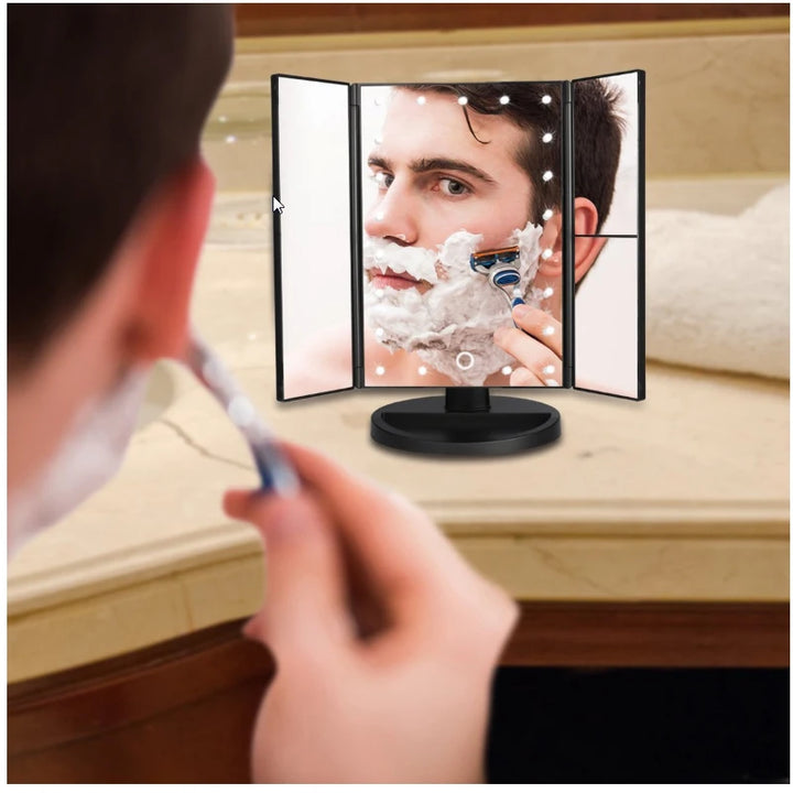 Touch Screen Trifold 22 LED Lighted Vanity Makeup Mirror with 1x/2x/3x Magnification USB Charging 180 Degree Adjustable Stand
