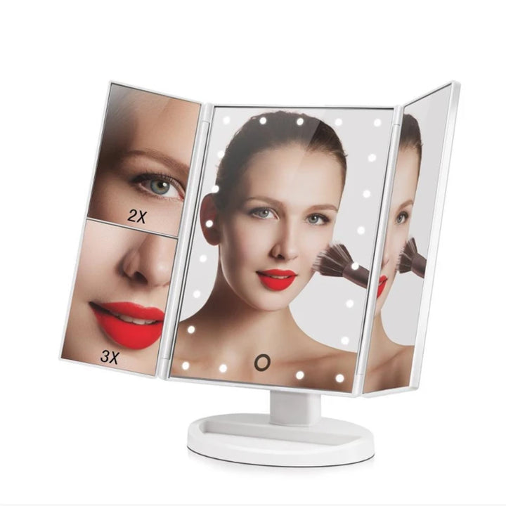 Touch Screen Trifold 22 LED Lighted Vanity Makeup Mirror with 1x/2x/3x Magnification USB Charging 180 Degree Adjustable Stand