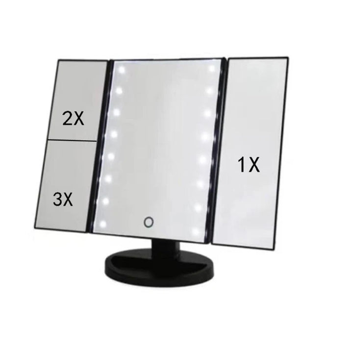 Touch Screen Trifold 22 LED Lighted Vanity Makeup Mirror with 1x/2x/3x Magnification USB Charging 180 Degree Adjustable Stand
