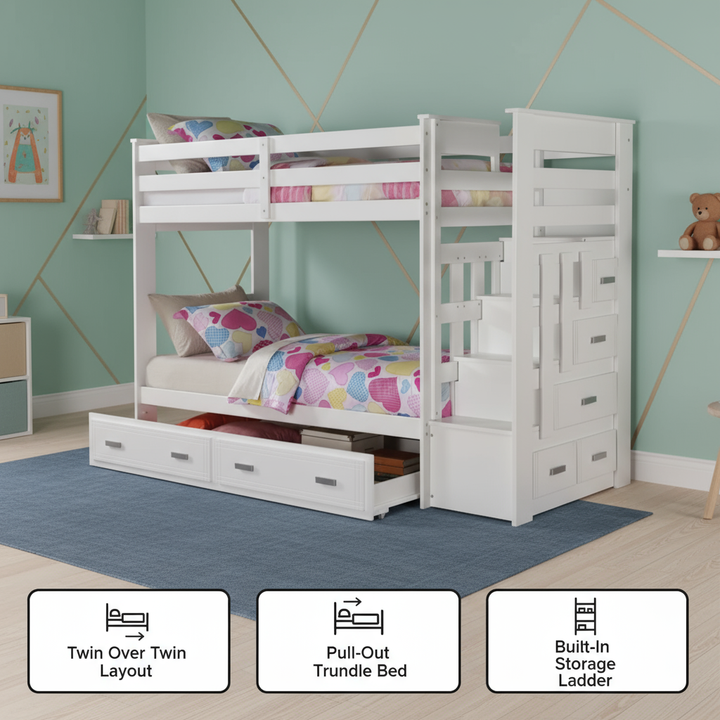 97" X 43" X 68" Twin Over Twin White Storage Ladder And Trundle  Bunk Bed