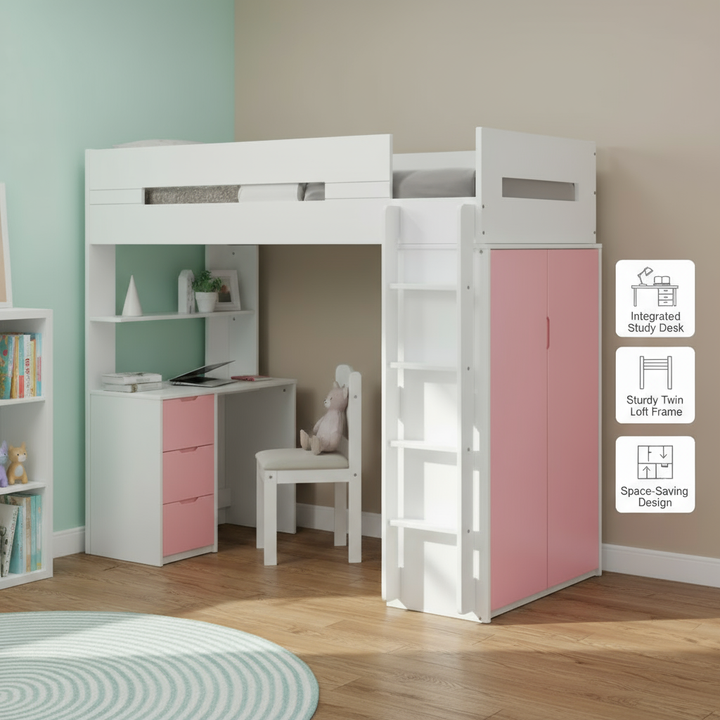 White And Pink Twin Loft Bed And Desk