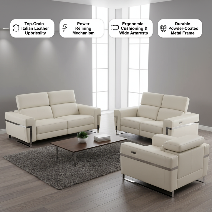 Three Piece Indoor Beige Italian Leather Six Person Seating Set