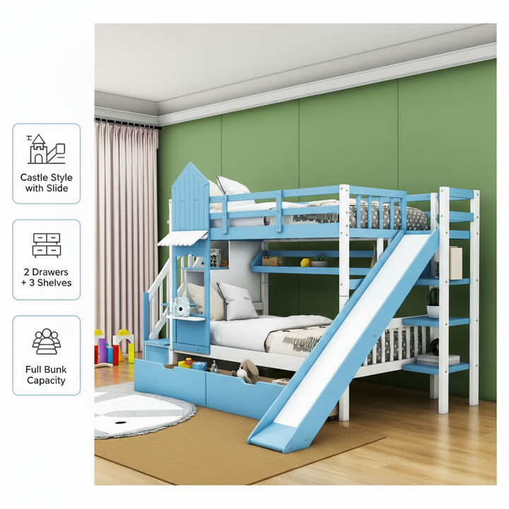 Full Over Full Castle Bunk Bed with Slide, Built-in Storage Drawers and Shelves, Sturdy and Fun Loft Design for Bedroom, Blue