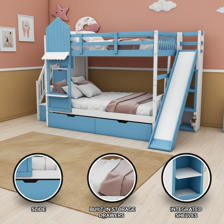 Twin Over Twin Castle Bunk Bed with Slide, Built-in Storage Drawers and Shelves, Space-Saving and Stylish Wooden Frame, Blue
