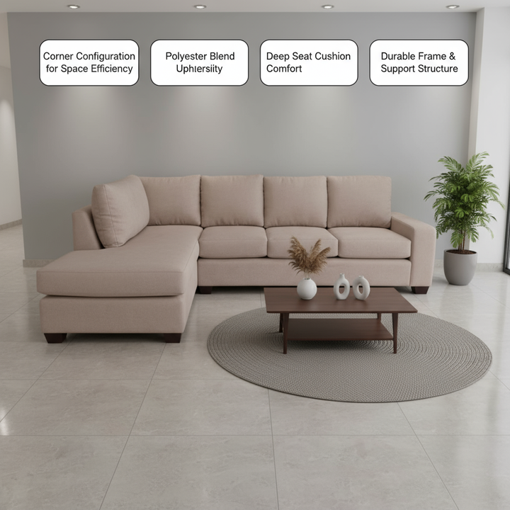 Tan Beige Blue Right Facing L-Shaped Sectional Sofa