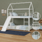 Twin Over Twin Metal Bunk Bed with Slide, House Bed Frame with Playful Design, Sturdy and Modern Structure, White