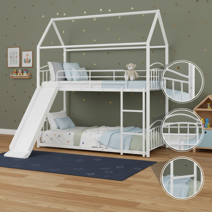 Twin Over Twin Metal Bunk Bed with Slide, House Bed Frame with Playful Design, Sturdy and Modern Structure, White