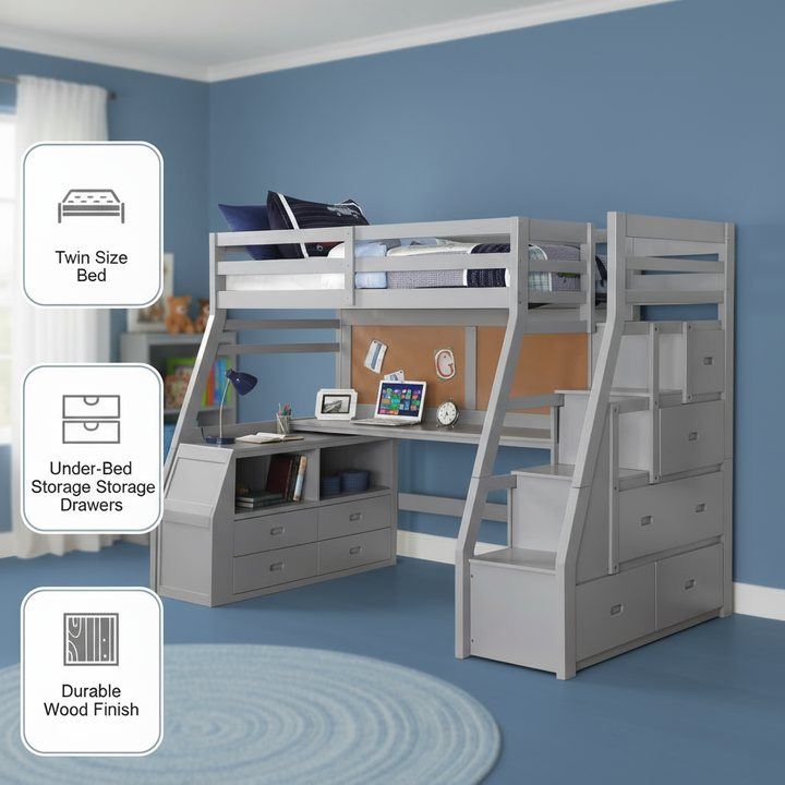 Twin Size Gray Finish Pine Wood Loft Bed