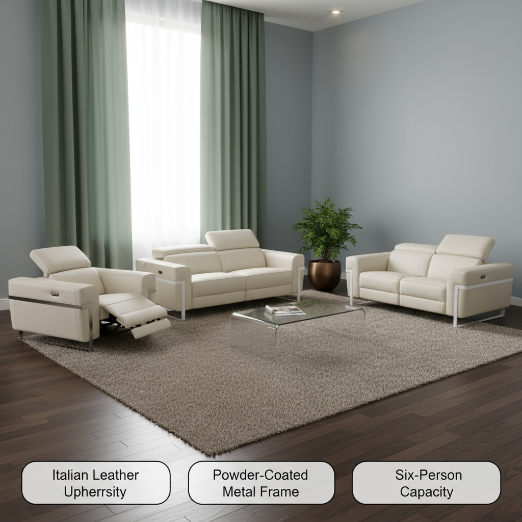 Three Piece Indoor Beige Italian Leather Six Person Seating Set