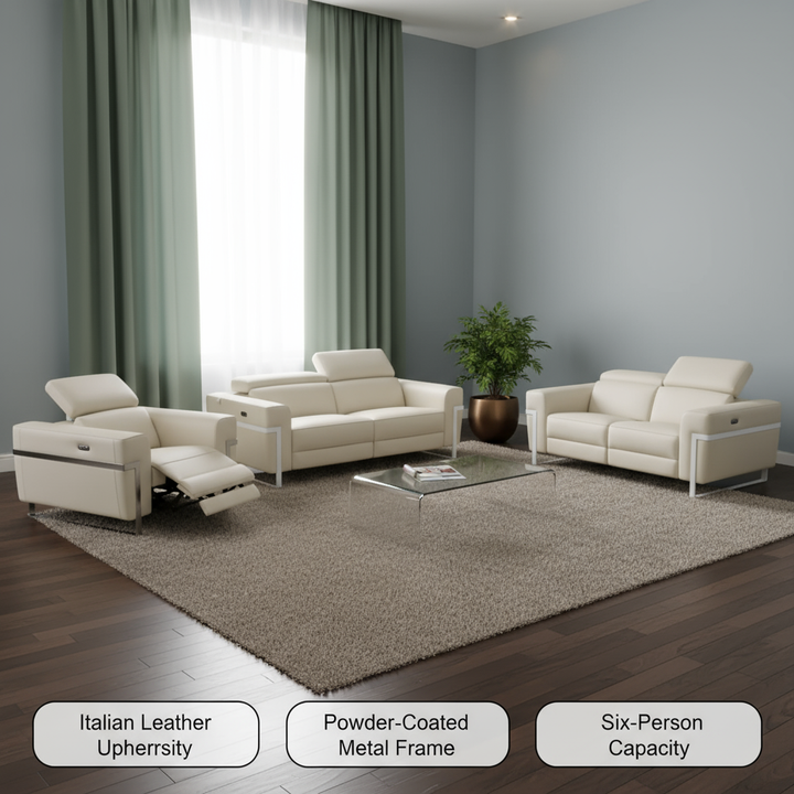 Three Piece Indoor Beige Italian Leather Six Person Seating Set