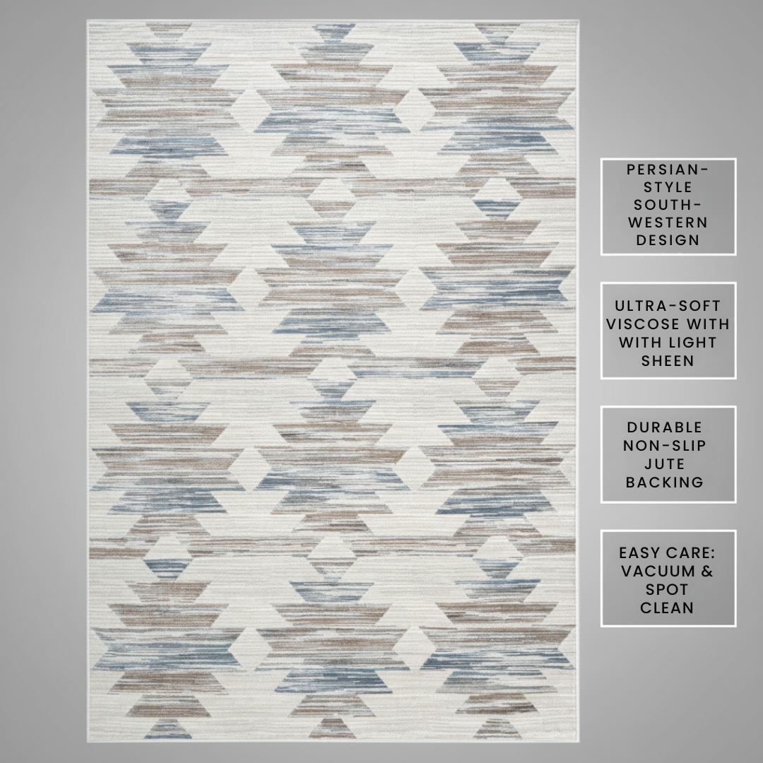 Eno Gamela Viscose Area Rug – Blue, Brown,  Ivory, Copper & Grey Accents for Highlights for Modern Interiors, Soft & Luxurious Feel Underfoot | Home Decor Rugs | Trufairs