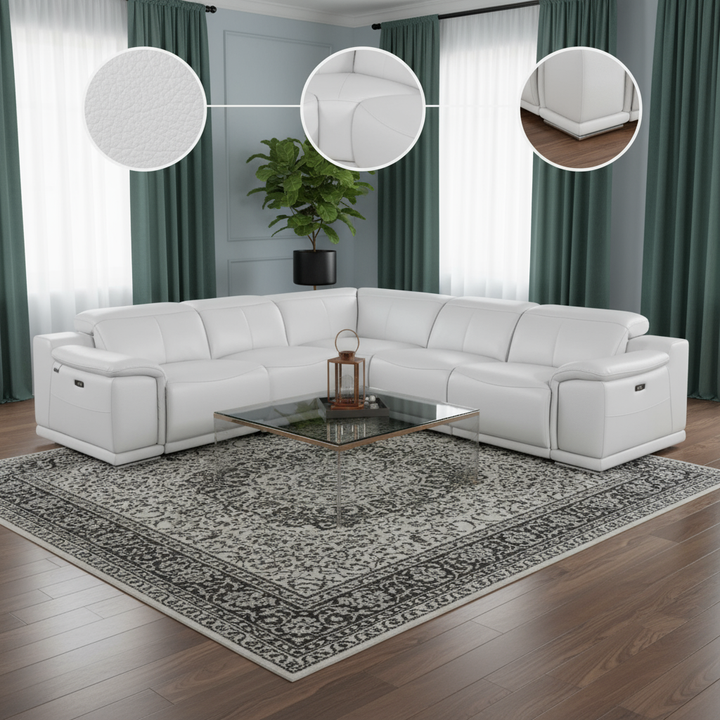White Italian Leather Power Reclining L Shaped Five Piece Corner Sectional