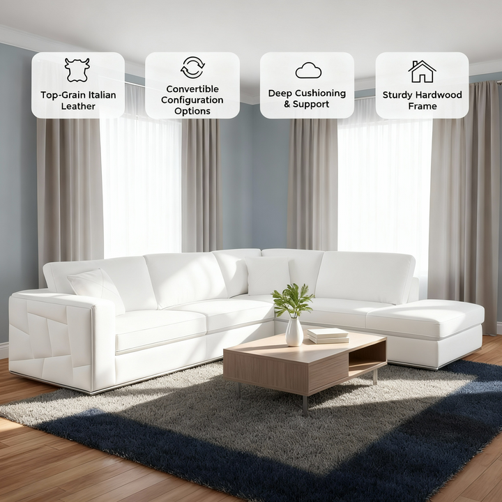 White Italian Leather Reclining L Shaped Two Piece Corner Sectional