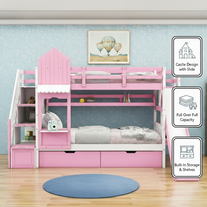 Full Over Full Castle Bunk Bed with Slide, Built-in Storage Drawers and Shelves, Sturdy and Fun Loft Design for Bedroom, Pink