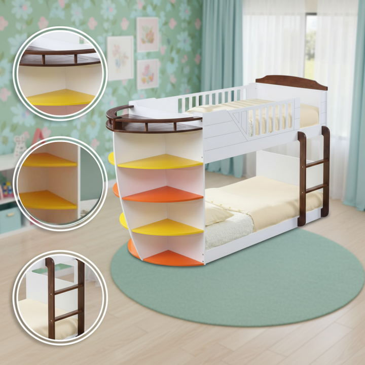 Brown And White Twin Over Twin Wood Bunk Bed With Storage