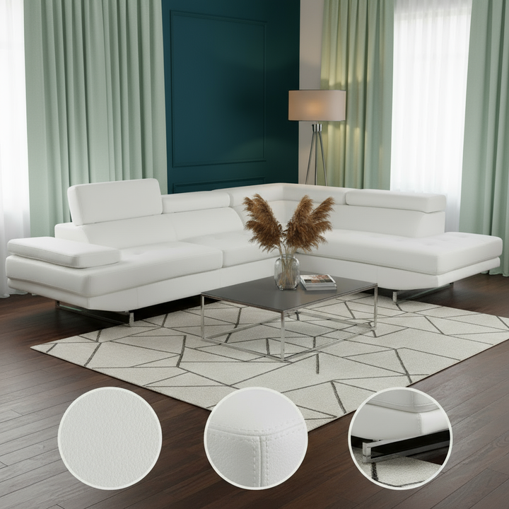 White Leather L Shaped Two Piece Corner Sectional