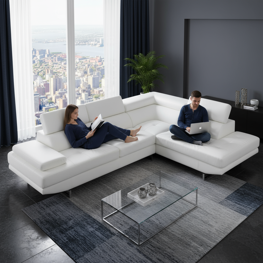 White Leather L Shaped Two Piece Corner Sectional