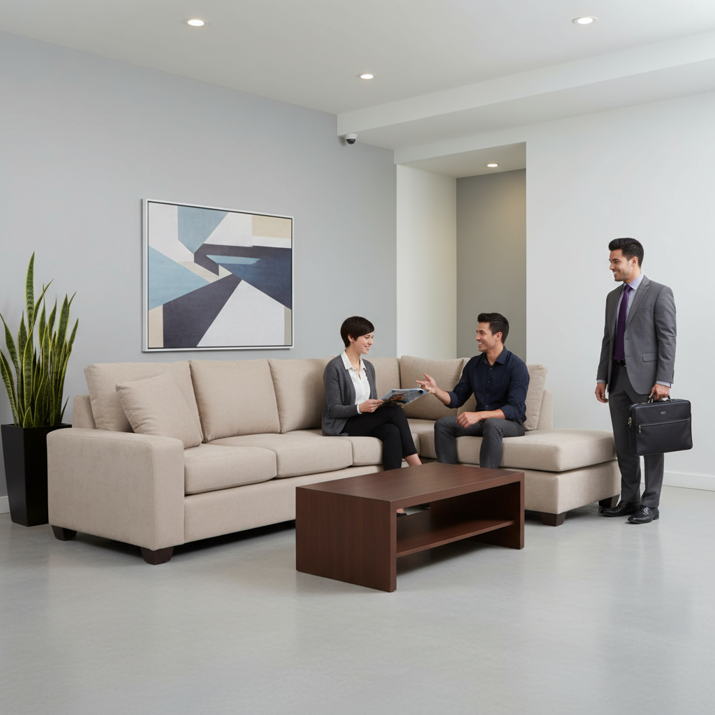 Tan Beige Blue Right Facing L-Shaped Sectional Sofa