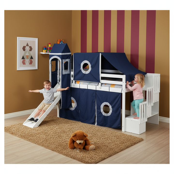 White And Gray Twin Loft Bed And Desk