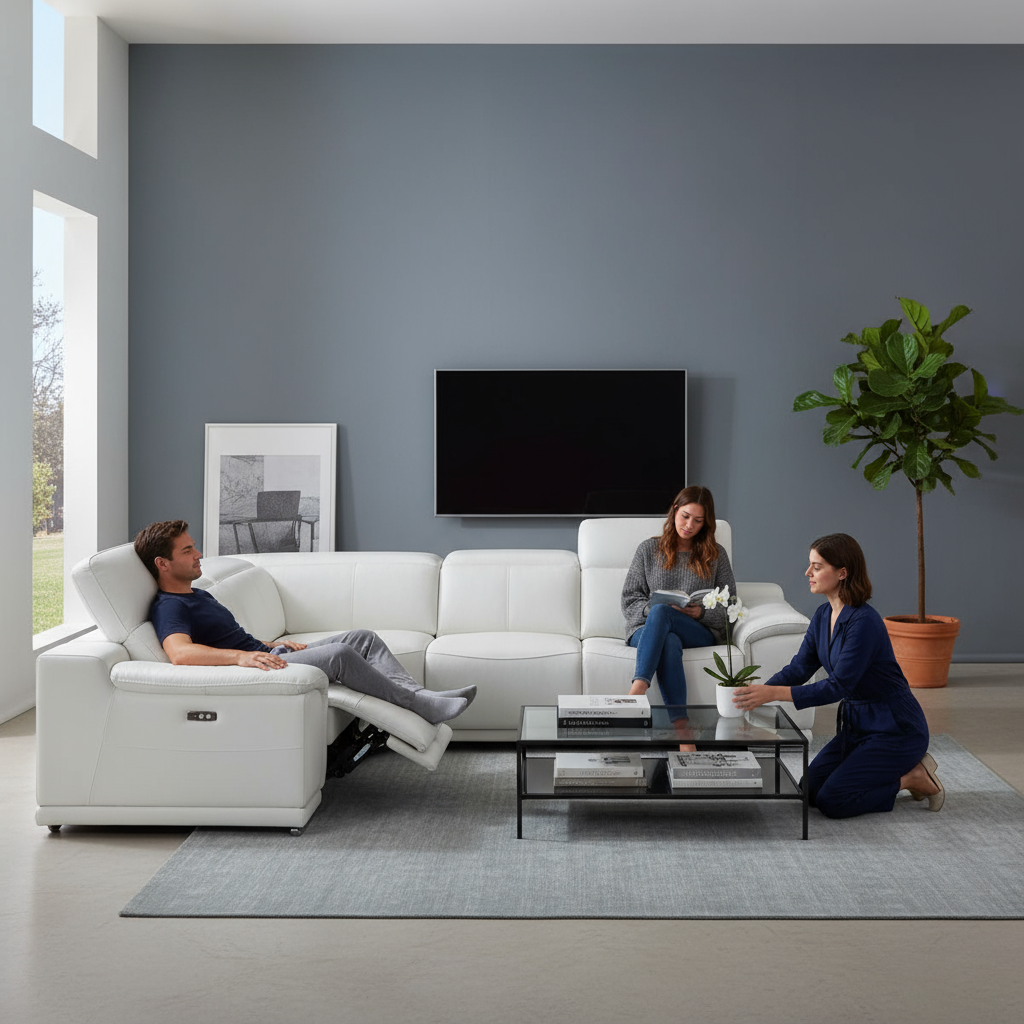 White Italian Leather Power Reclining L Shaped Five Piece Corner Sectional