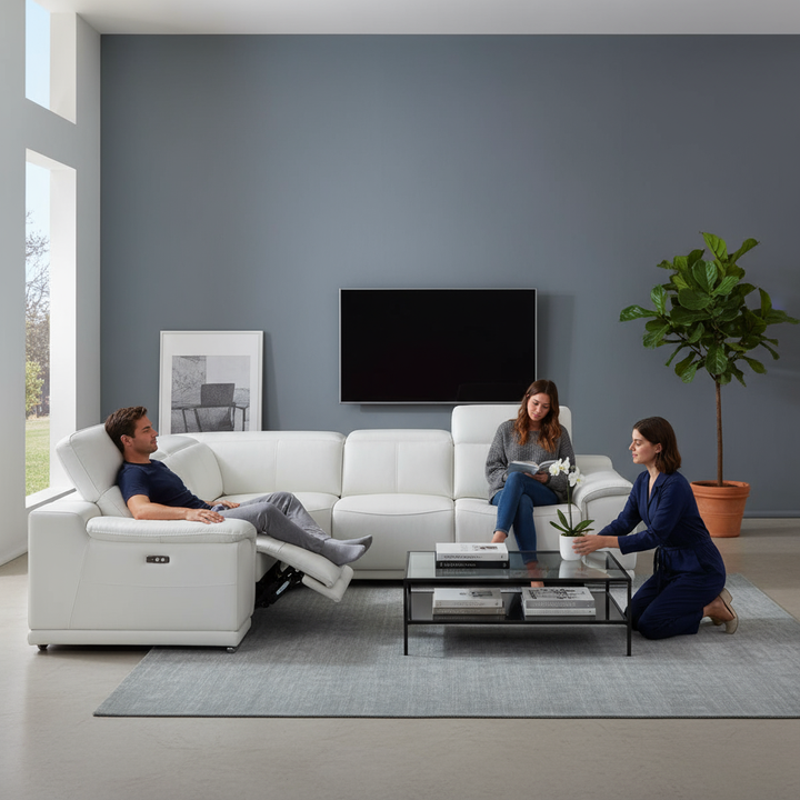 White Italian Leather Power Reclining L Shaped Five Piece Corner Sectional
