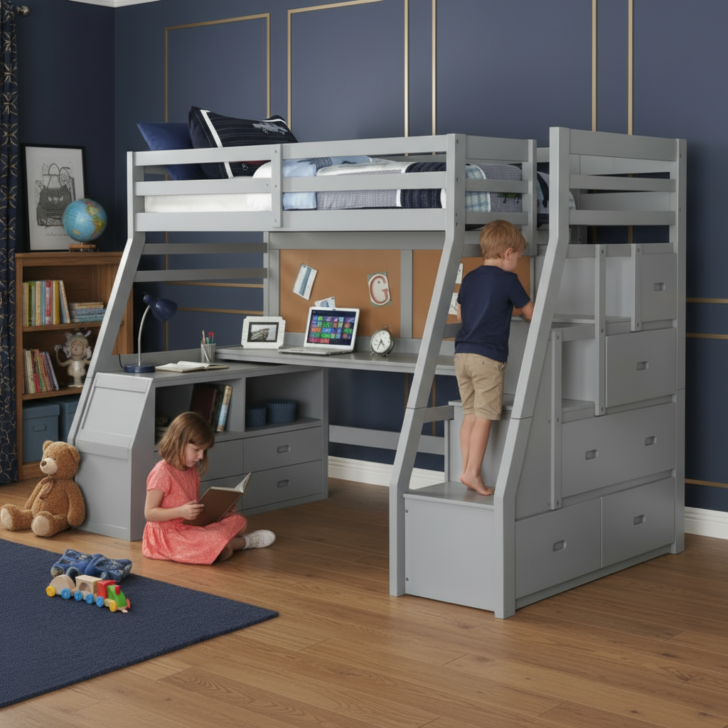 Twin Size Gray Finish Pine Wood Loft Bed