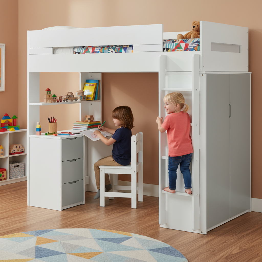 White And Gray Twin Loft Bed And Desk