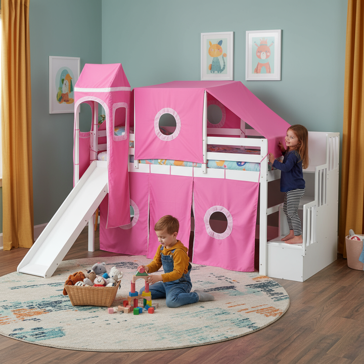 Twin Size Loft Bed with Tent and Tower, Sturdy Wooden Frame, Adventure-Themed Fun and Functional Design for Bedroom, Pink