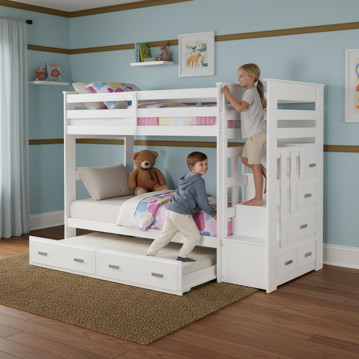 97" X 43" X 68" Twin Over Twin White Storage Ladder And Trundle  Bunk Bed