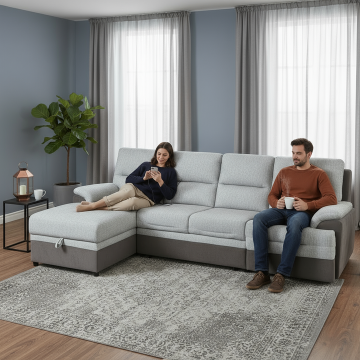 Multi-Functional Brown & Beige Sectional Sleeper with Power Recliner & Storage - 4-Seat Left-Facing Sofa