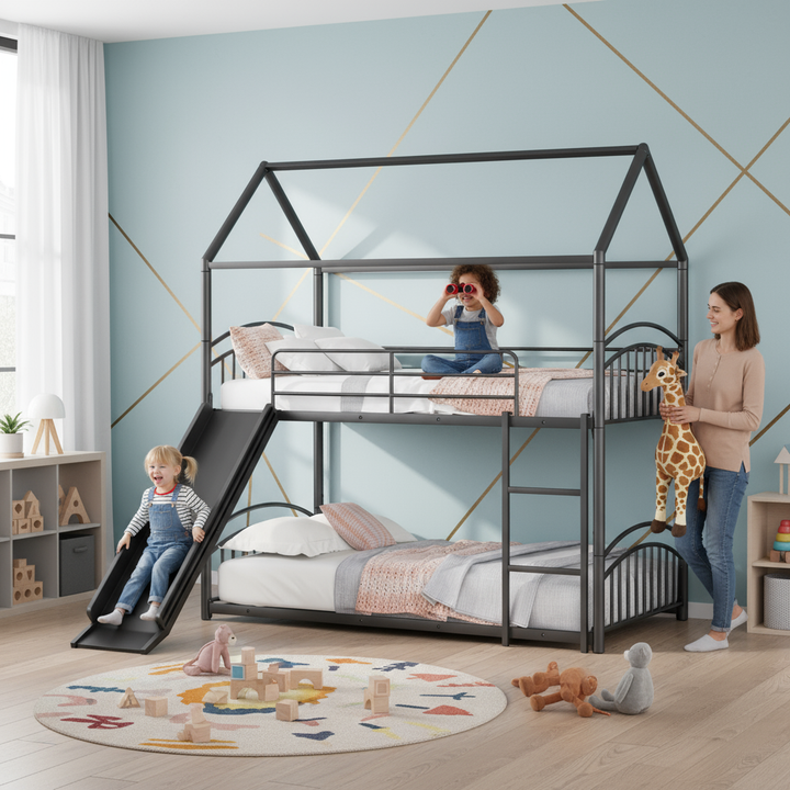 Twin Over Twin Metal Bunk Bed with Slide, House Bed Frame with Playful Design, Sturdy and Modern Structure, Black