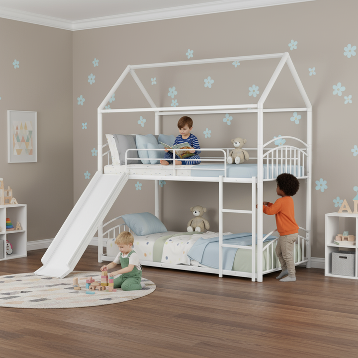 Twin Over Twin Metal Bunk Bed with Slide, House Bed Frame with Playful Design, Sturdy and Modern Structure, White