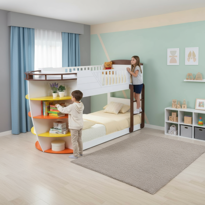 Brown And White Twin Over Twin Wood Bunk Bed With Storage