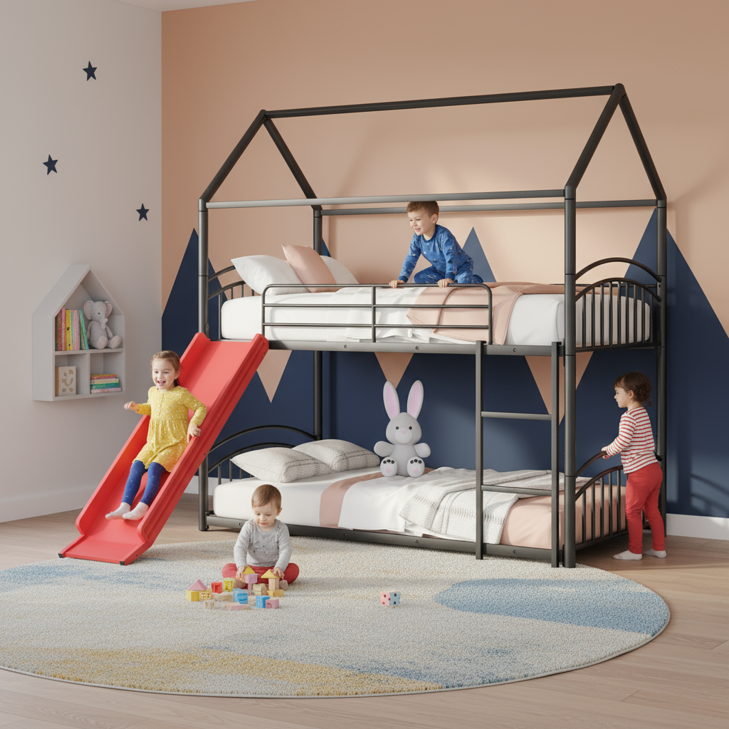 Twin Over Twin Metal Bunk Bed with Slide, House Bed Frame with Playful Design, Sturdy and Modern Structure, Black+Red