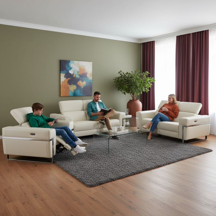 Three Piece Indoor Beige Italian Leather Six Person Seating Set