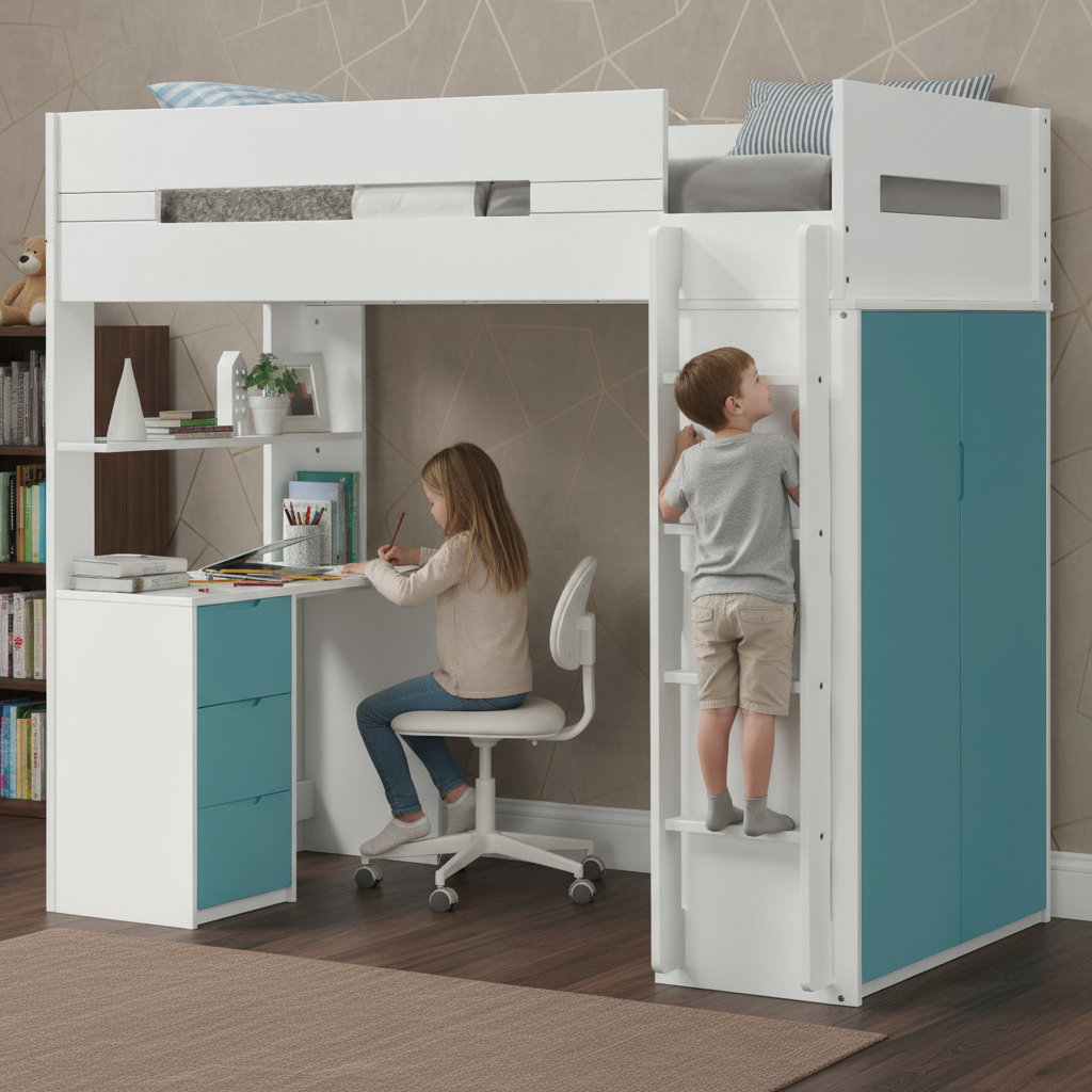 White And Teal Twin Loft Bed And Desk